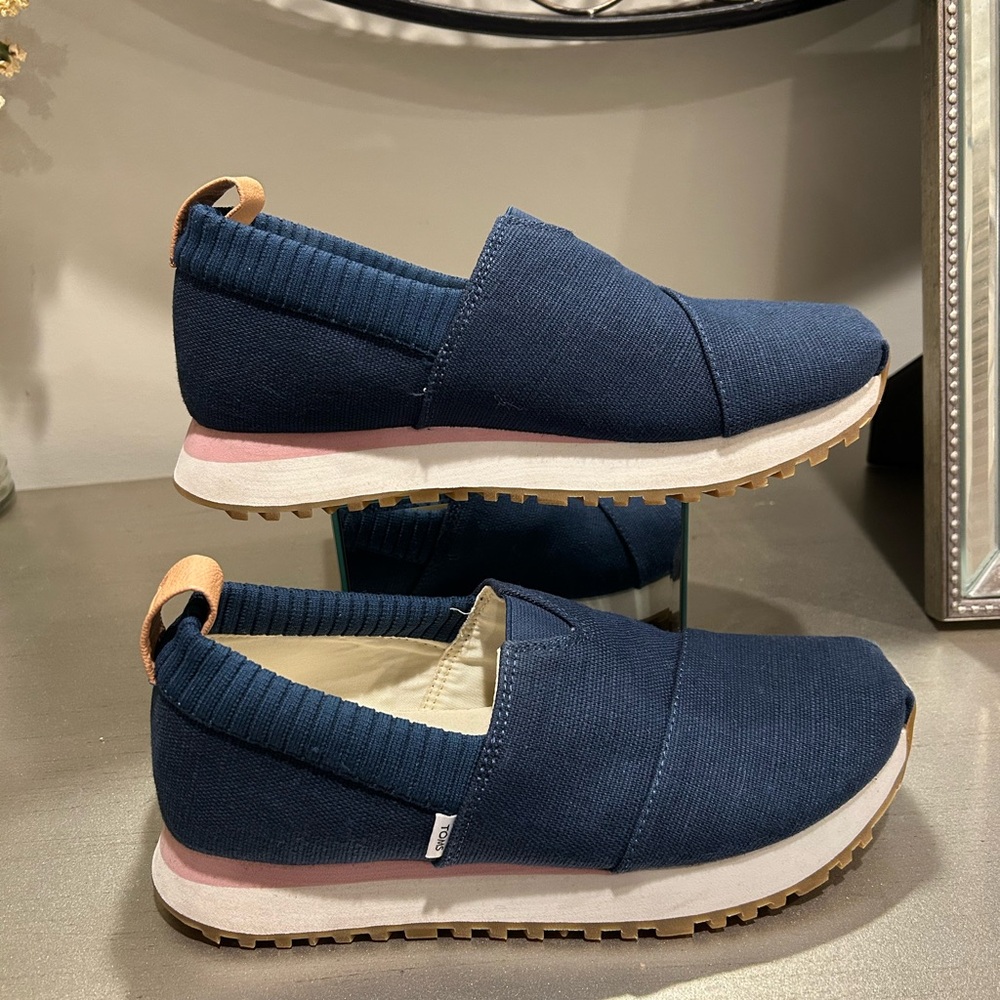 Toms Navy Slip-On Loafers with Pink Accent